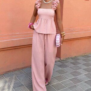 Pink Casual Women's Ruffled Tube Top & Pants Set